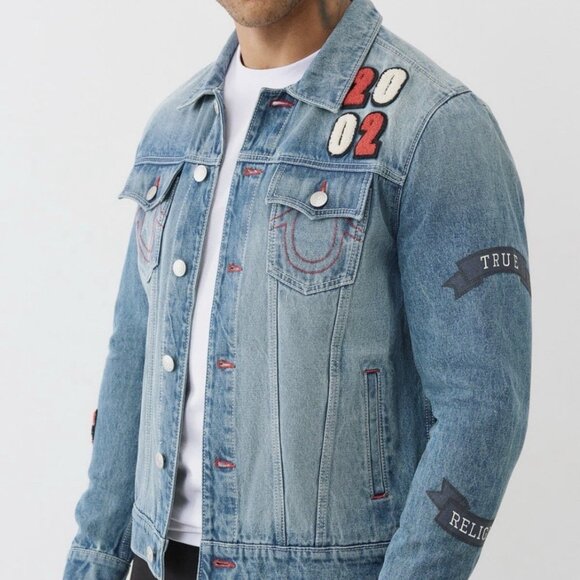 True Religion Jessie Patch Denim Jacket Light Autumn Walk Wash Size XL BNWT - Picture 3 of 6